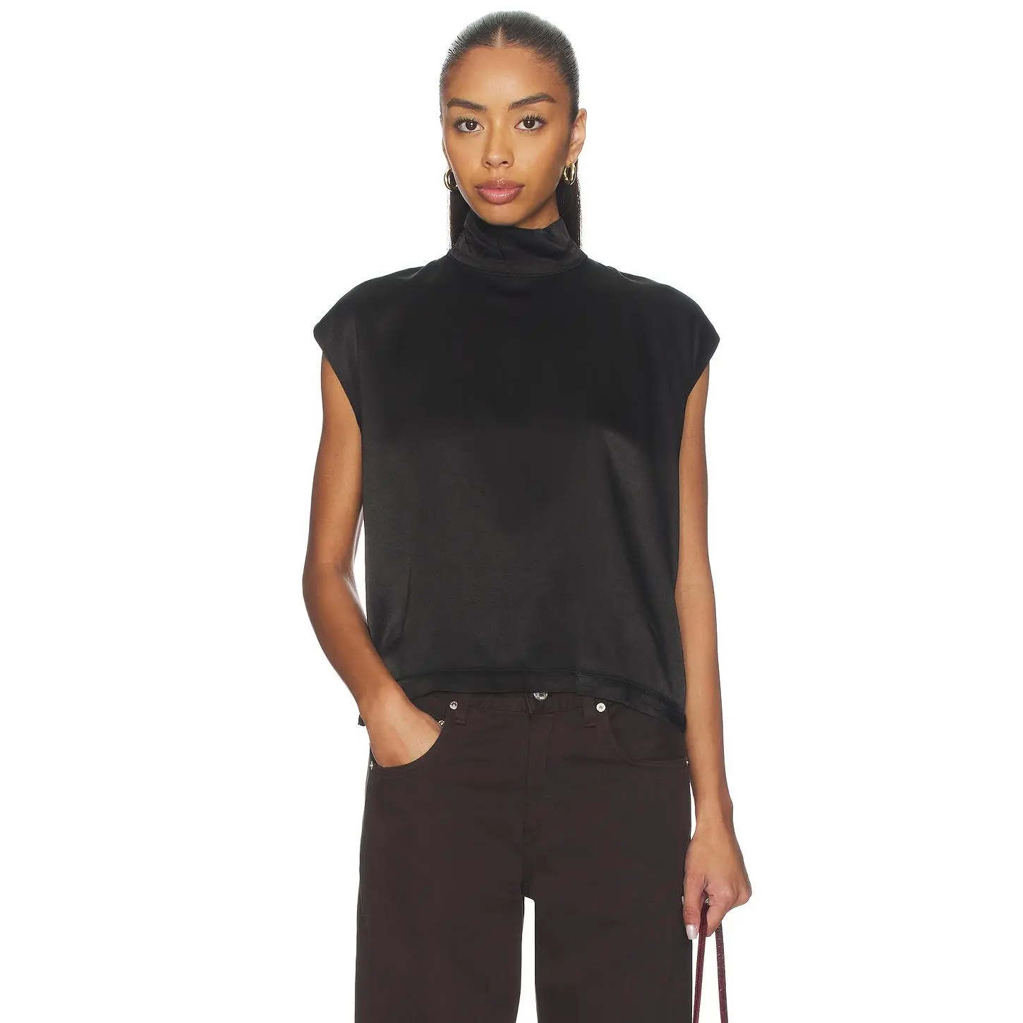 Bobi Mock Neck Muscle Tee in Black
