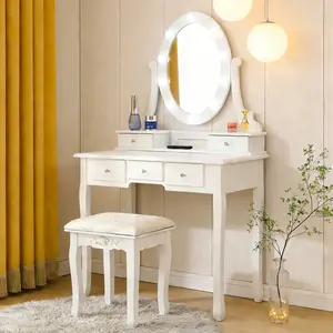 Makeup Vanity Desk with Lighted Mirror, 5 Drawers Dressing Table with 10 LED Bulbs, 360° Rotating Mirror, Includes Stool for Bedroom, White