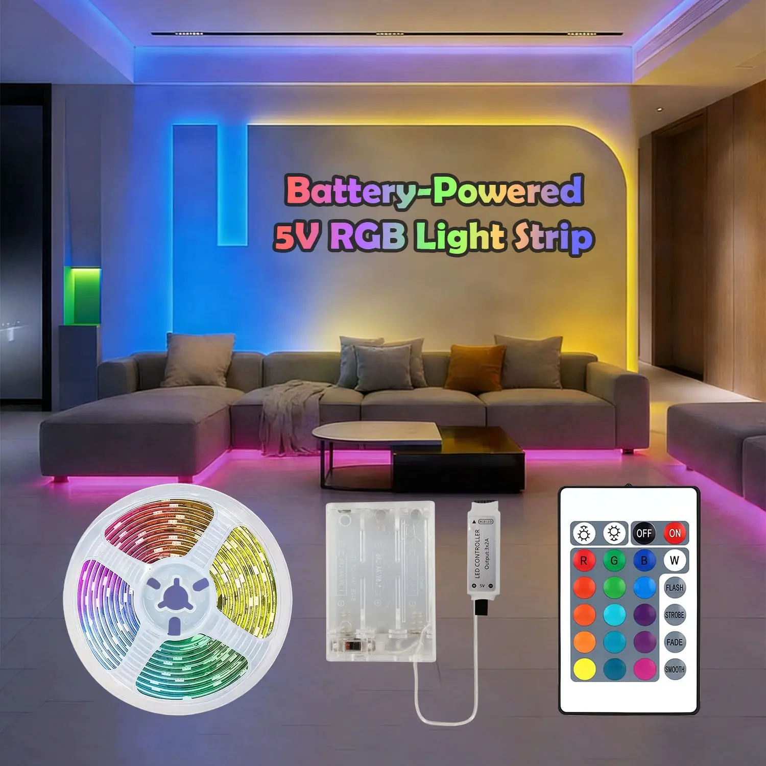 Battery-Powered 3535 RGB LED Strip Light, 24-Key Remote Control, Adjustable Brightness and Color, Energy Efficient, Ideal for TV Background, Bedroom, Party, Kitchen, Room. AA batteries not included.