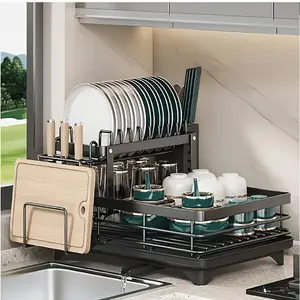 Single Layer Kitchen Dish Drying Rack with Cup and Utensil Holders, Drain Tray for Plates, Bowls, and Cutting Boards multifunctional organizer cocina
