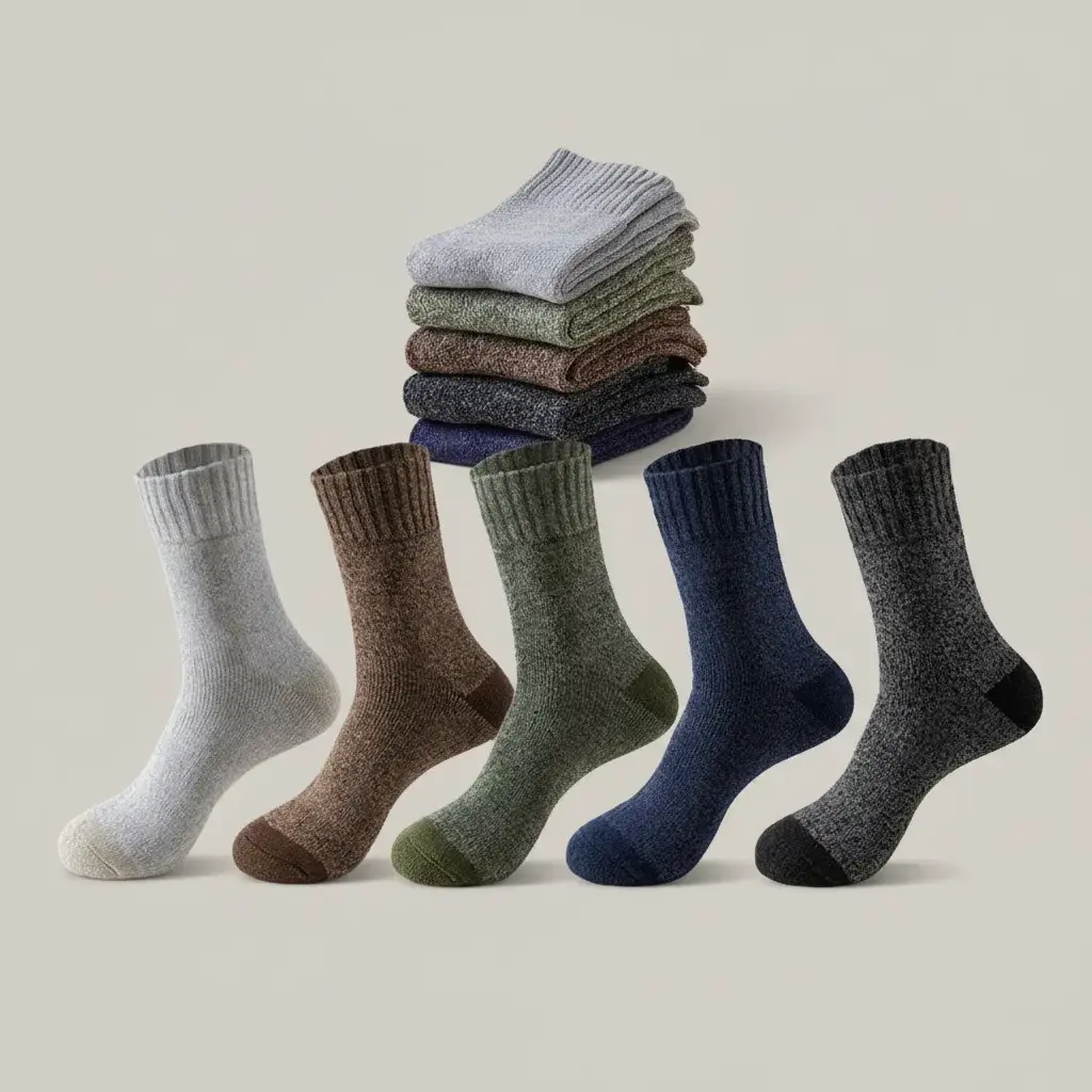 Men's 5-Pair Merino Wool Thermal Hiking Socks - Winter Warm, Round Neck, Thick Padded, Moisture-Wicking Knit Fabric Sports Stockings, Thermal Socks