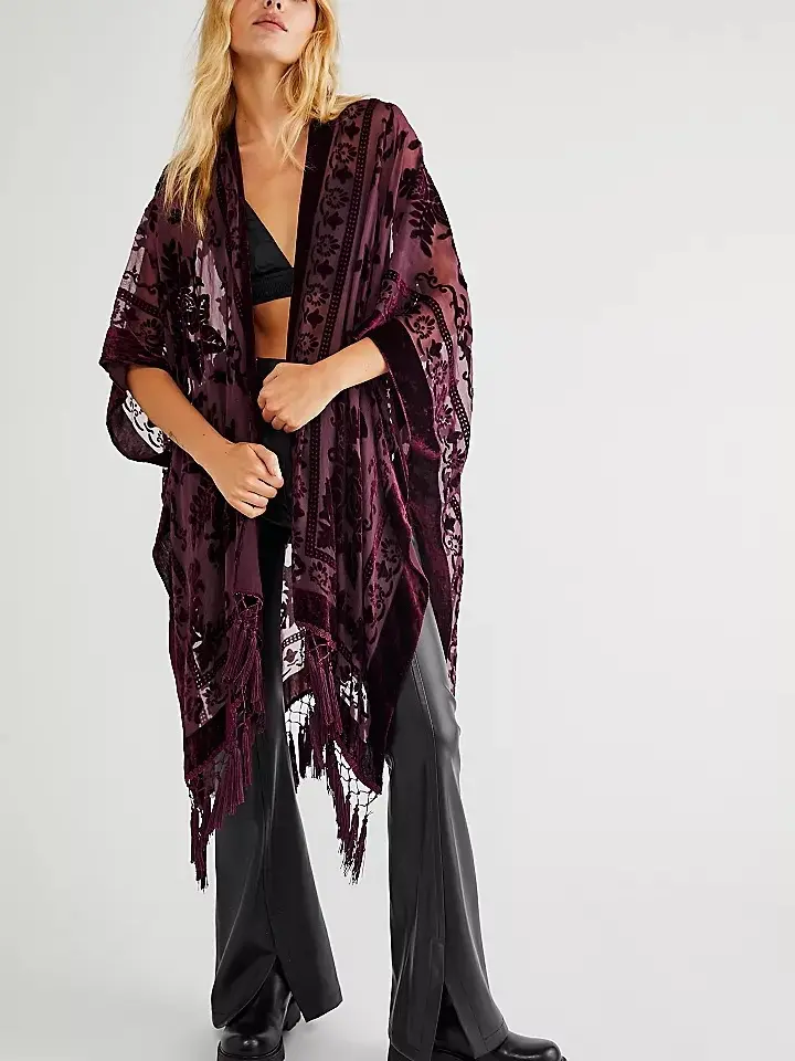 WeHello Women's Boho Burnout Velvet Kimono with Tassels - Long Soft Chic Cardigan Cover Up for Layering, Workwear - Elegant Womenswear Clothes Piece