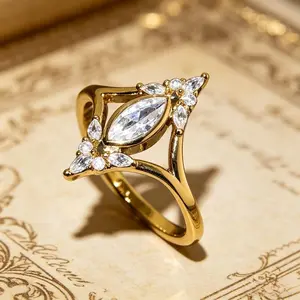 Marquise Cut Engagement Ring, Golden Tone Band with Sparkling Stones, Elegant Jewelry Gift for Daily Wear & Special Occasions
