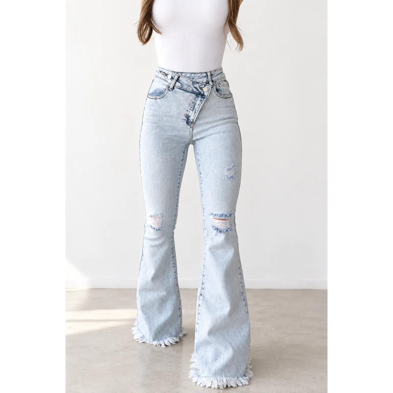 Women's Lucy High-Rising Denim Jeans - Bold Asymmetrical Waistband, Distressed, Stretchy, Flattering Cut, Acid Light Wash, Fitted, Trending Clothes, Women's Clothing, All-Season Everyday Casual Wear