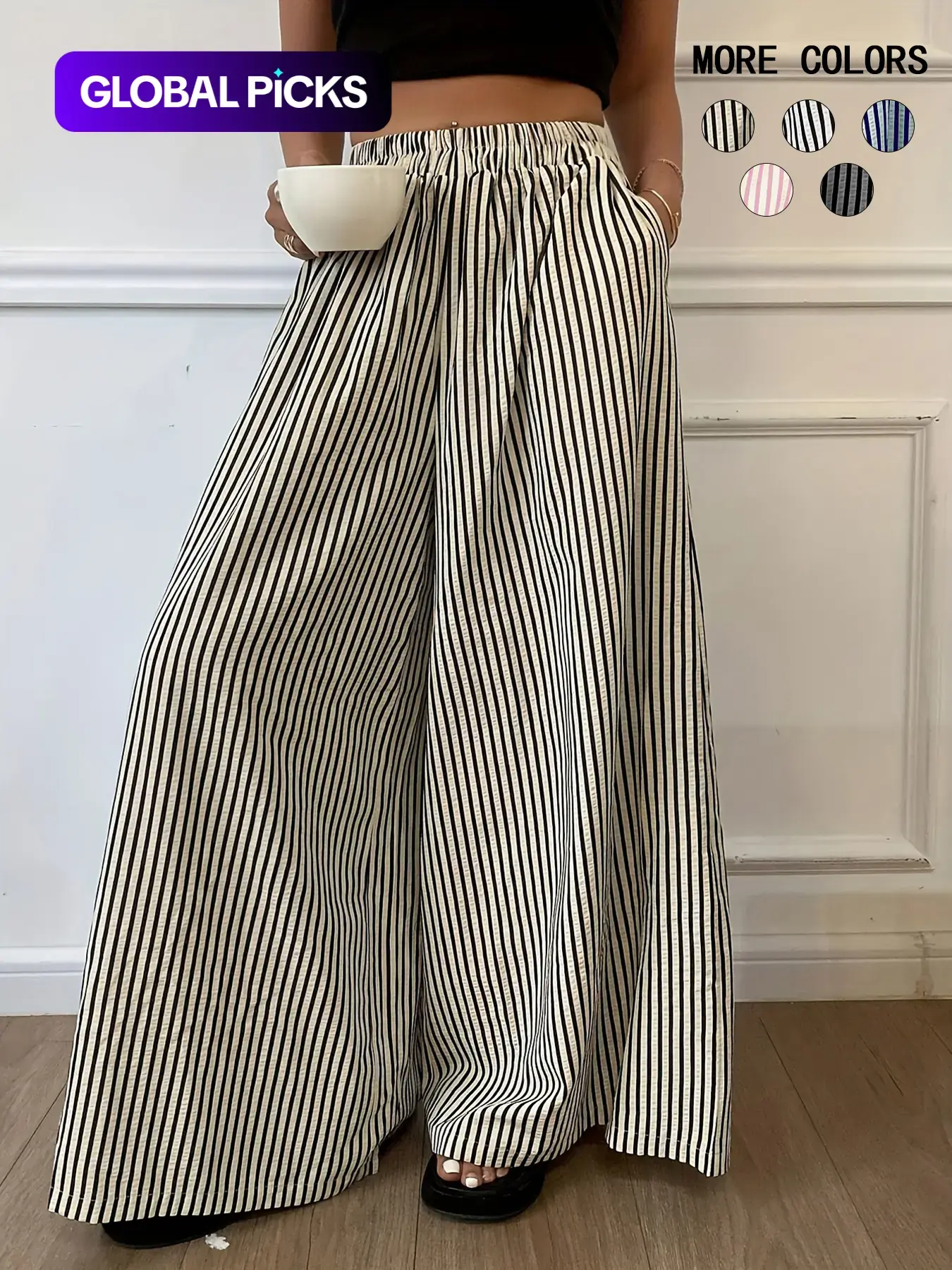 Women's Vertical Striped Casual Chic Summer Elastic Waist Wide Leg Pants, Casual Fashion Bottoms, Loose-Fitting Stripe Design, Comfortable Daily Wear, Womenswear, Lady