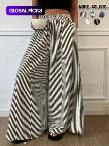 Women's Vertical Striped Casual Elastic Waist Wide Leg Pants, Loose-Fitting Stripe Design, Comfortable Daily Wear, Womenswear, Lady