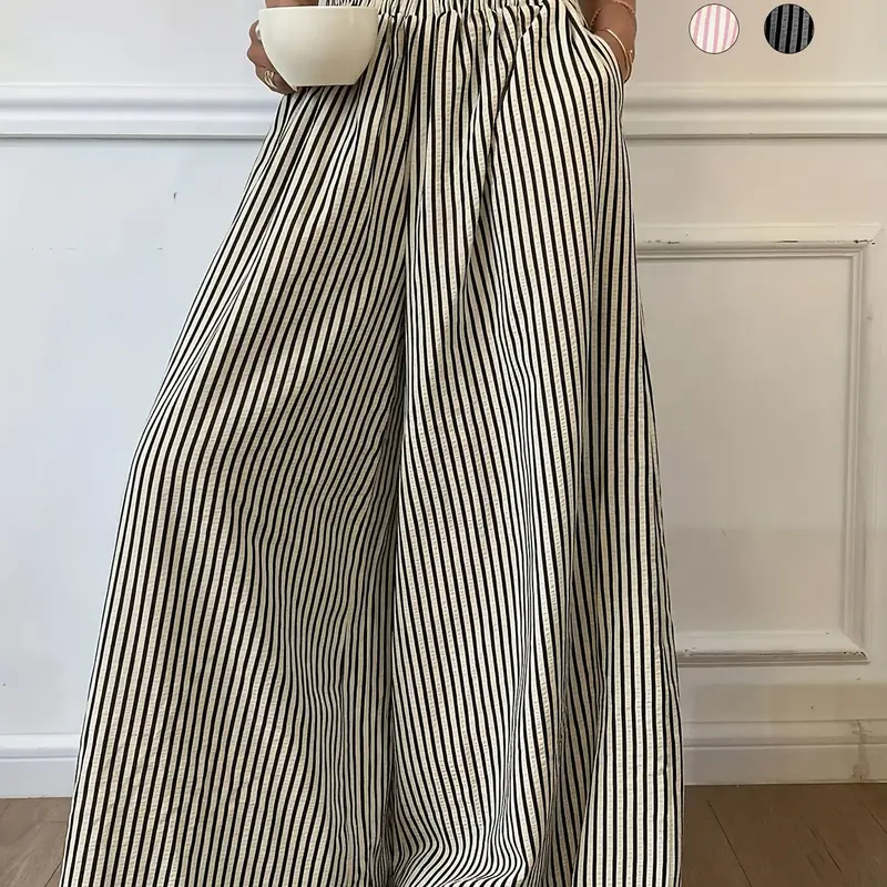 【Black Friday】Women's Vertical Striped Elastic Waist Wide Leg Pants, Casual Fashion Bottoms, Loose Stripe Design, Comfortable Daily Wear, Comfy Trousers, Women's Apparel