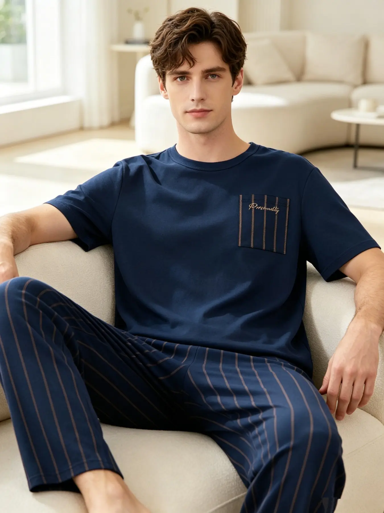 Men's Spring Summer Thin Pajama Set, Pyjamas, Short Sleeve Long Pants Two-Piece with Vertical Stripes, Casual Homewear for Comfort, Loungewear