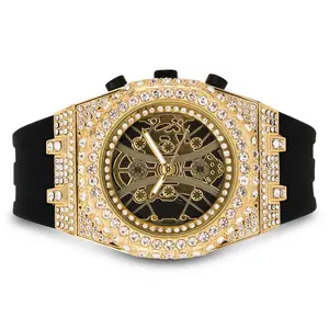 Men's 43mm Silicone Band Diamond Watch Iced Out Octagon Bezel Quartz Movement Luxury Timepiece