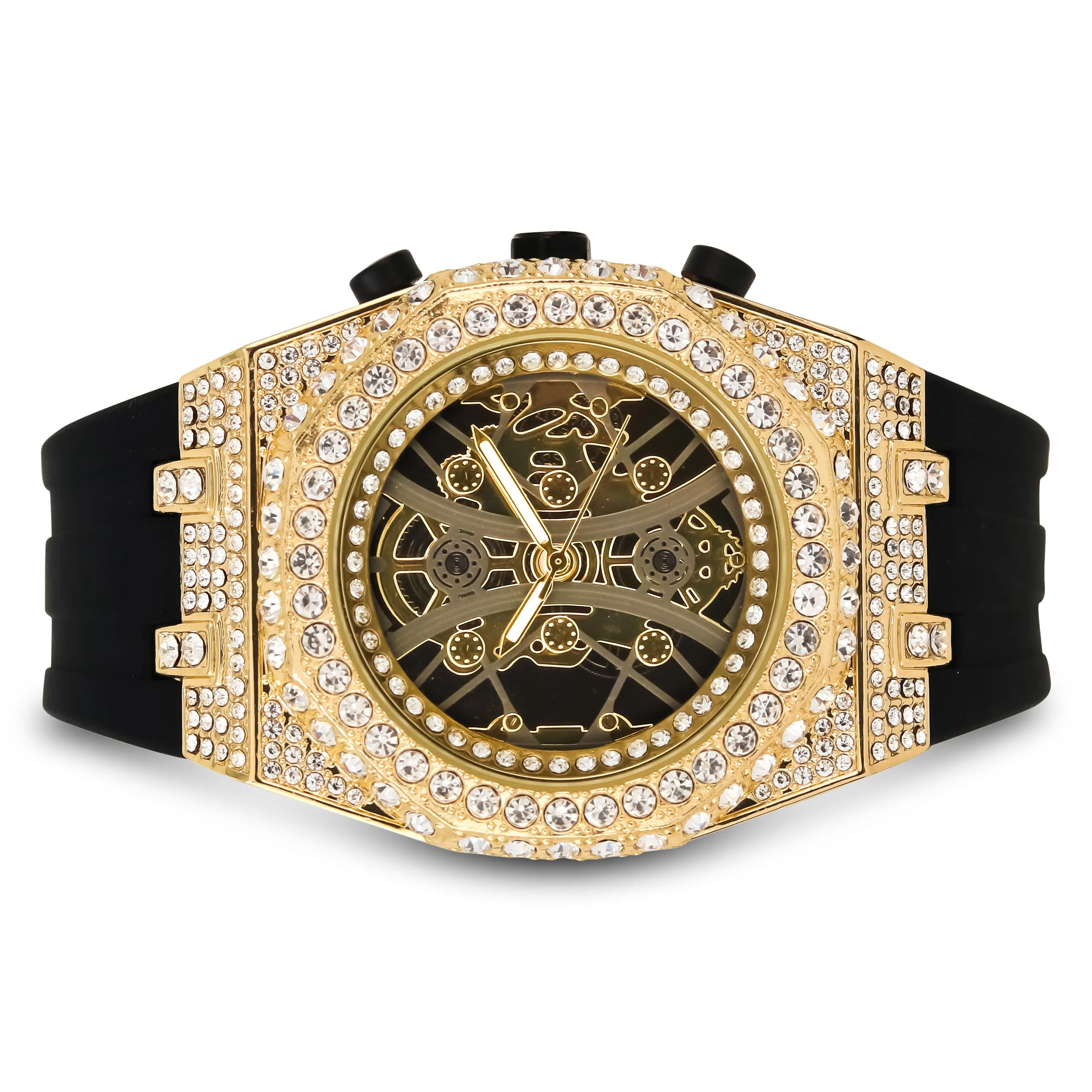 Men's 43mm Silicone Band Diamond Watch Iced Out Octagon Bezel Quartz Movement Luxury Timepiece