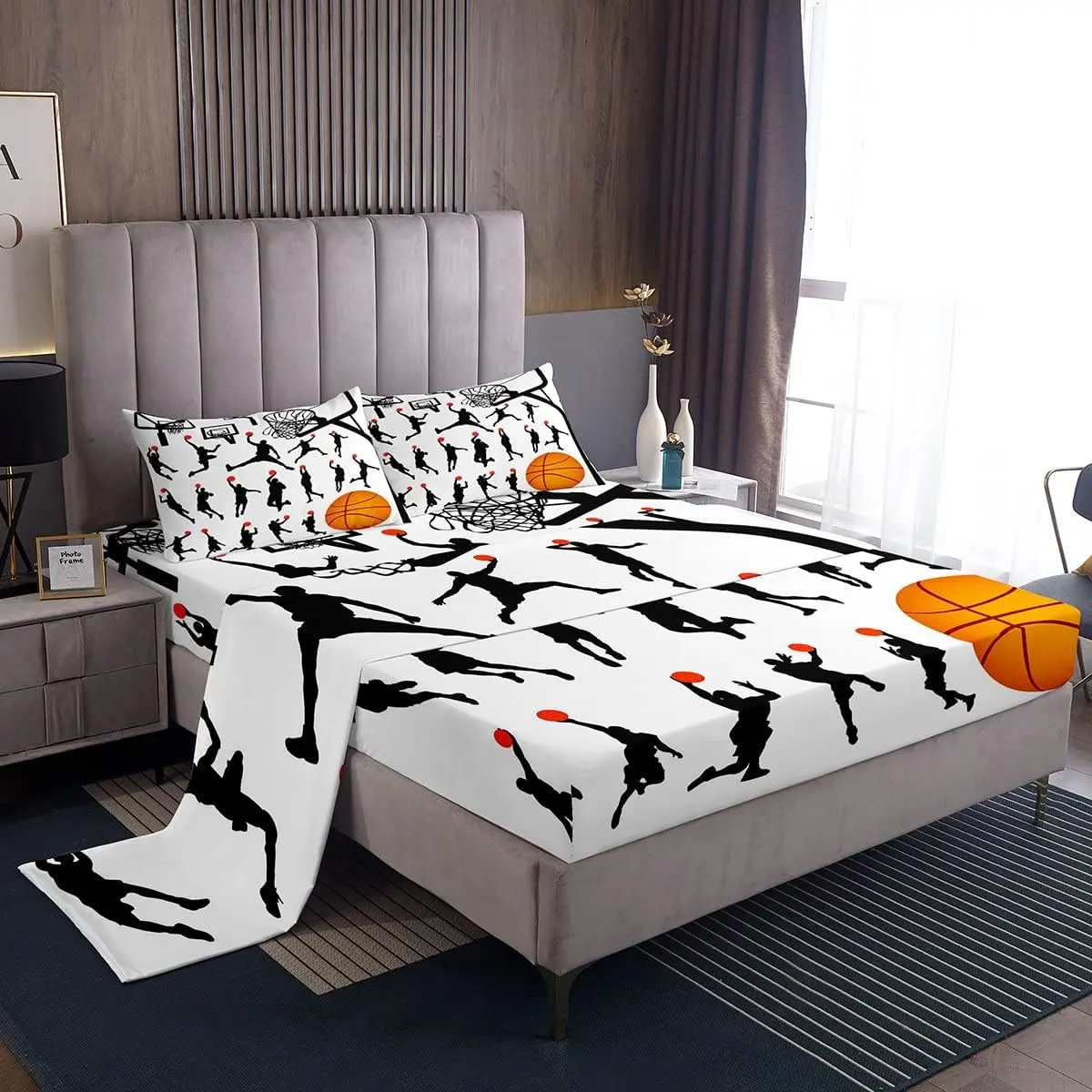Feelyou Multi-Size 3D Basketball Print Bedding Set - Black-White Sports Theme, Breathable Sheets for Kids’ Bedrooms, Ideal Gift for Basketball Enthusiasts; Bedsheet Sets with Core Bedding Pieces Included, Bedroom Bedding Set