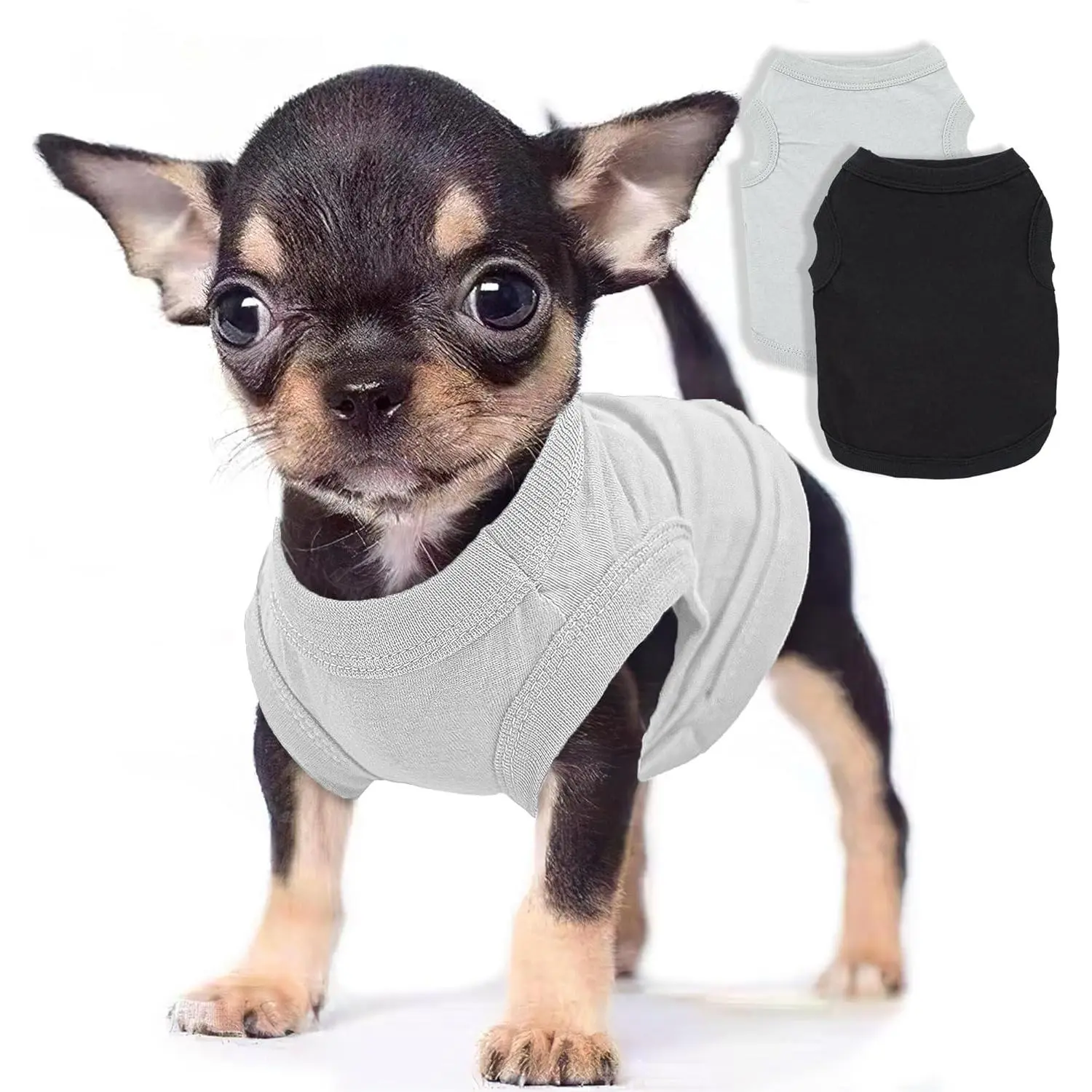 Pet Solid Color Shirts 2-Pack - Lightweight Sleeveless Synthetic Fabric Pet Clothing for Small-Medium Dogs (Teacup, Chihuahua, Yorkie, Pug) & Cats, XXS, Black+Grey, Bichons, Breathable
