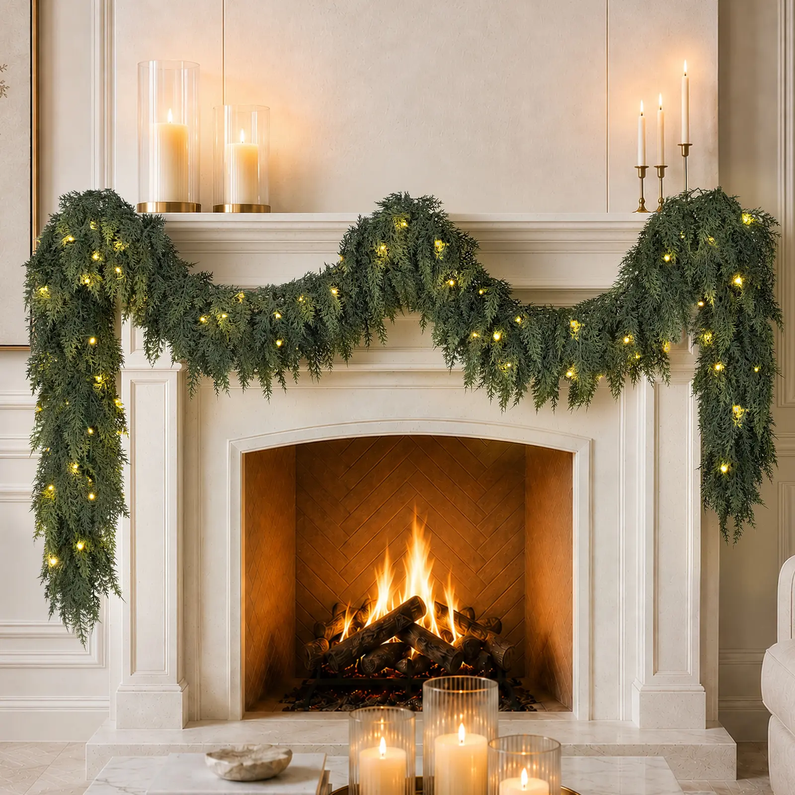 N&T NIETING 2 Pack 9FT Pre-Lit Artificial Cedar Garlands, Realistic PE Christmas Greenery with Warm LED Lights for Fireplace Mantel, Stair Railing, Porch, Entryway & Holiday Home Decor