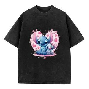 Disney Stitch Washed Cotton 230g TEE Black Short Sleeve Round Neck with Cute Stitch Design for Fans