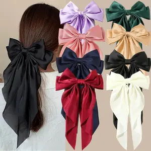 Korean Satin Hair Clips for Women and Girls, Large Bowknot Spring Clamp Barrettes with Long Ribbon