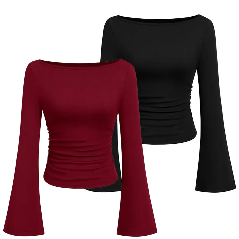 2 Pack Womens Bell Long Sleeve Tops Boat Neck Cinched Waist Crop Going Out Shirts | Cute Y2K ribbed knit crop top, ruched & cinched waist,flare sleeve, great for fall business casual and going out Drawstring Ruched Shirred Basic