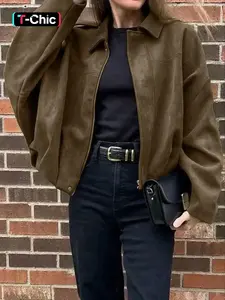 Women's Autumn-Winter Suede-Textured Loose-Fit Zip-Up Collared Bomber Jacket, Stylish Turn-Down Collar Design for Casual Wear Outerwear Coats