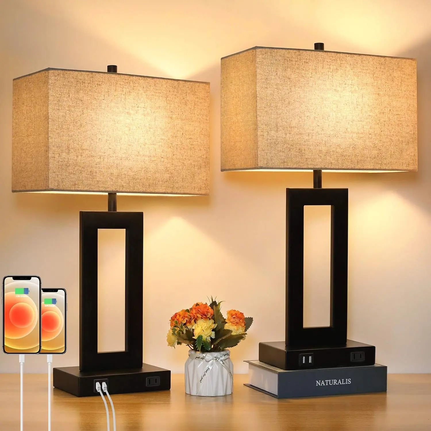 2Pc Touch Control Table Lamp with 2 USB Ports, 3-Way Dimmable Modern Nightstand Lamp Sets Bedside Touch Desk Lamp with Fabric Cream Shade For Bedroom Table Living Room Reading, Included Bulbs