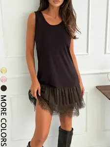 1 Piece Stylish Chic Sheer Lace Tiered Hem Stretch Elastic Fitted Tank Mini Dress | Euro-American Y2K Cute-Edge Vibe Casual Wear | Tiered Lace + Stretch Fabric Womenswear