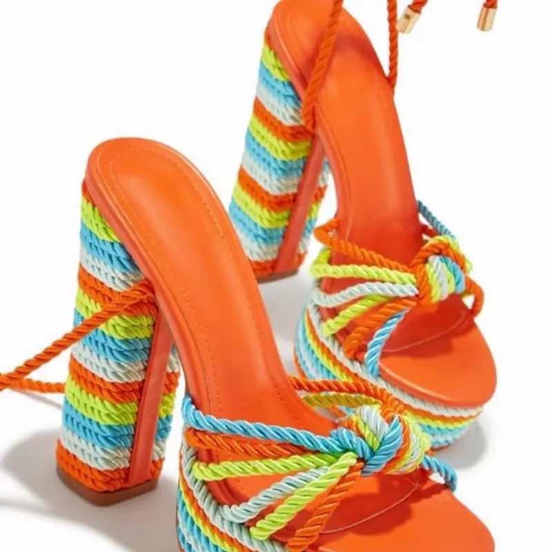 Women’s Colorful Rope Platform Block Heel Lace-Up Sandals – Open Toe High Heels