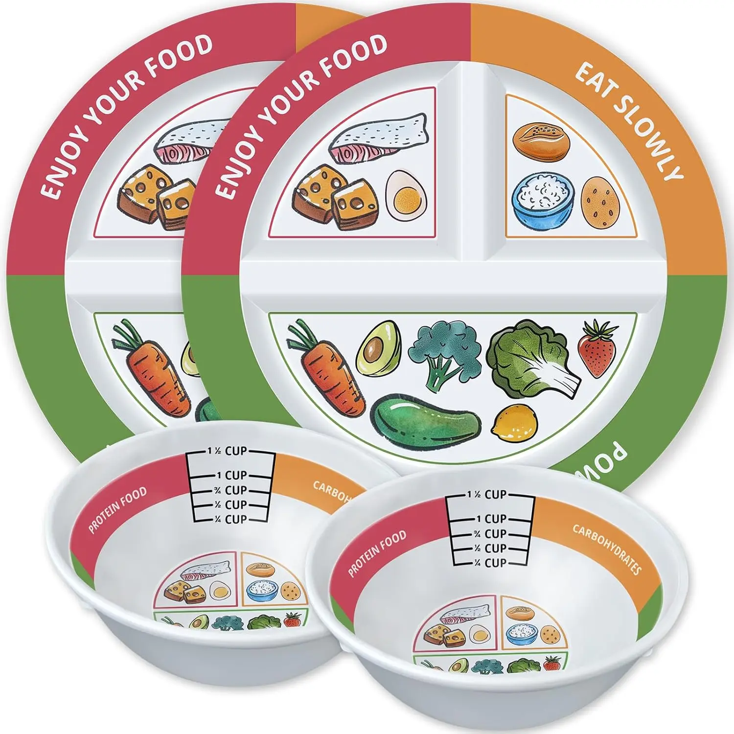 4-Count 9-Inch Thick Divided Serving Plates & Bowls Set, 3-Section Measurable Portion Control Dishes for Gastric Bypass Diets, Meal Preparation