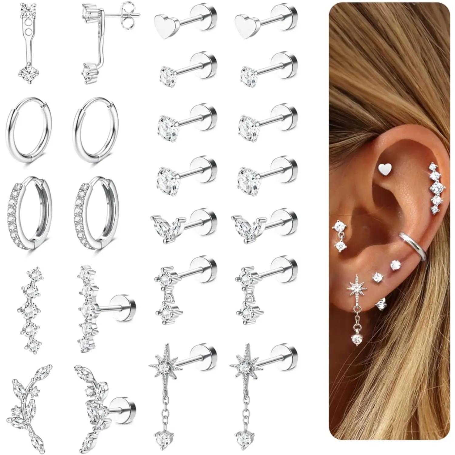 Trendy Hypoallergenic Flat Back Surgical Steel Earring Sets, Non Tarnish Anti-Rust Corrosion Resistant Jewelry for Sensitive Ears - Small Hoop Studs for Helix Piercings, Tragus, Conch, Daith (Valentine's Day Gift), Non Tarnish Jewelry, Flat Back Ea