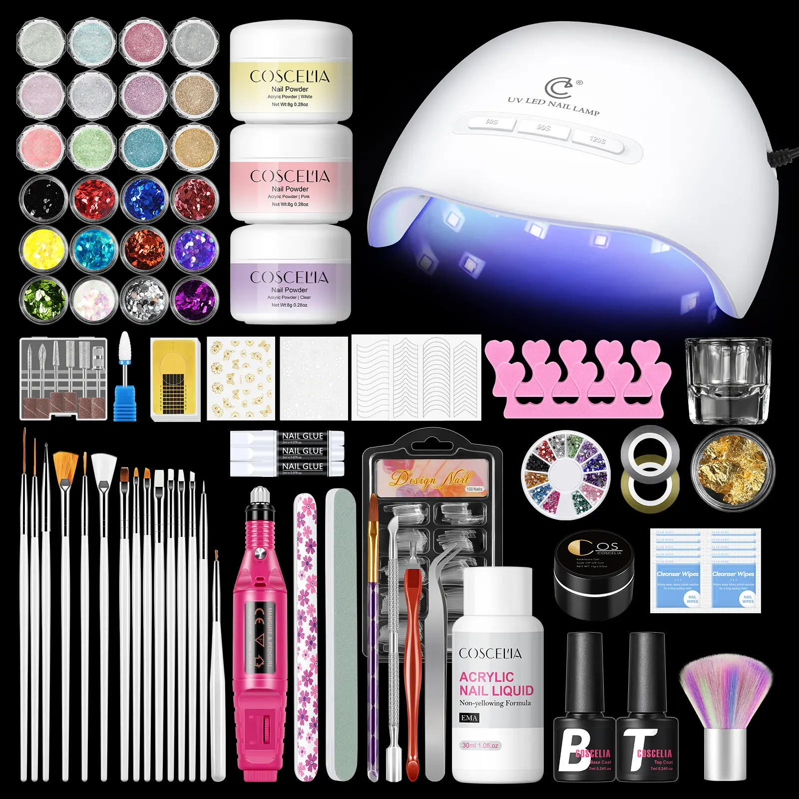 COSCELIA Beginner-Friendly Acrylic Manicure Kit with Brush, Powder, Drill, UV Light, Glitter Decorations - Gentle Nail Care Set for Home Salon Use, Ideal Gift