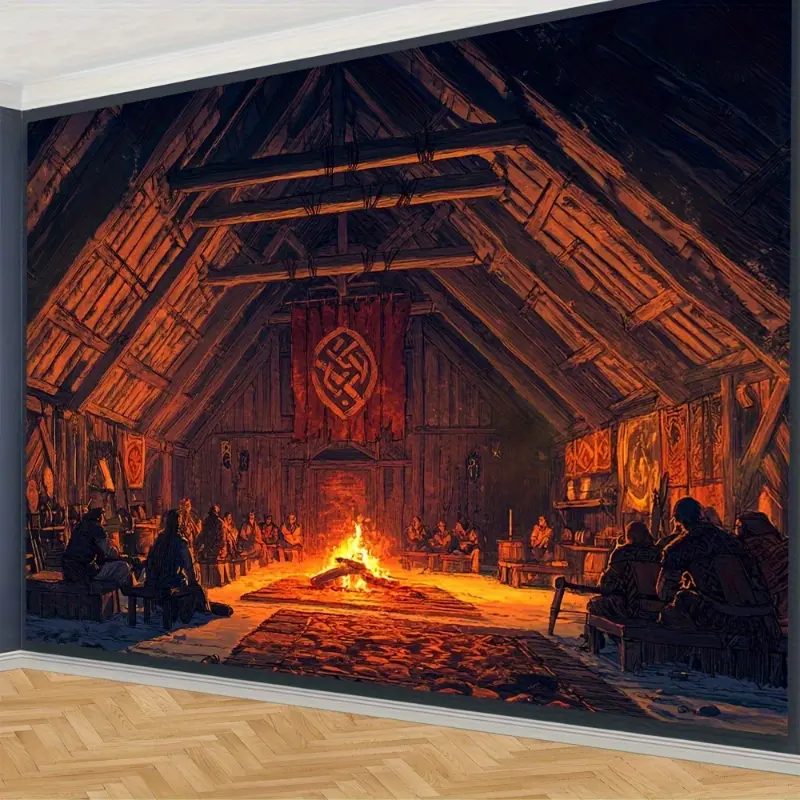 Viking Longhouse Tapestry Backdrop - Polyester Wall Hanging with Cozy Firelight Scene, Ideal for Living Room & Bedroom Decor, Unique Gift, Living Room Decor | Cozy Atmosphere | Detailed Wall Art, Viking Decor