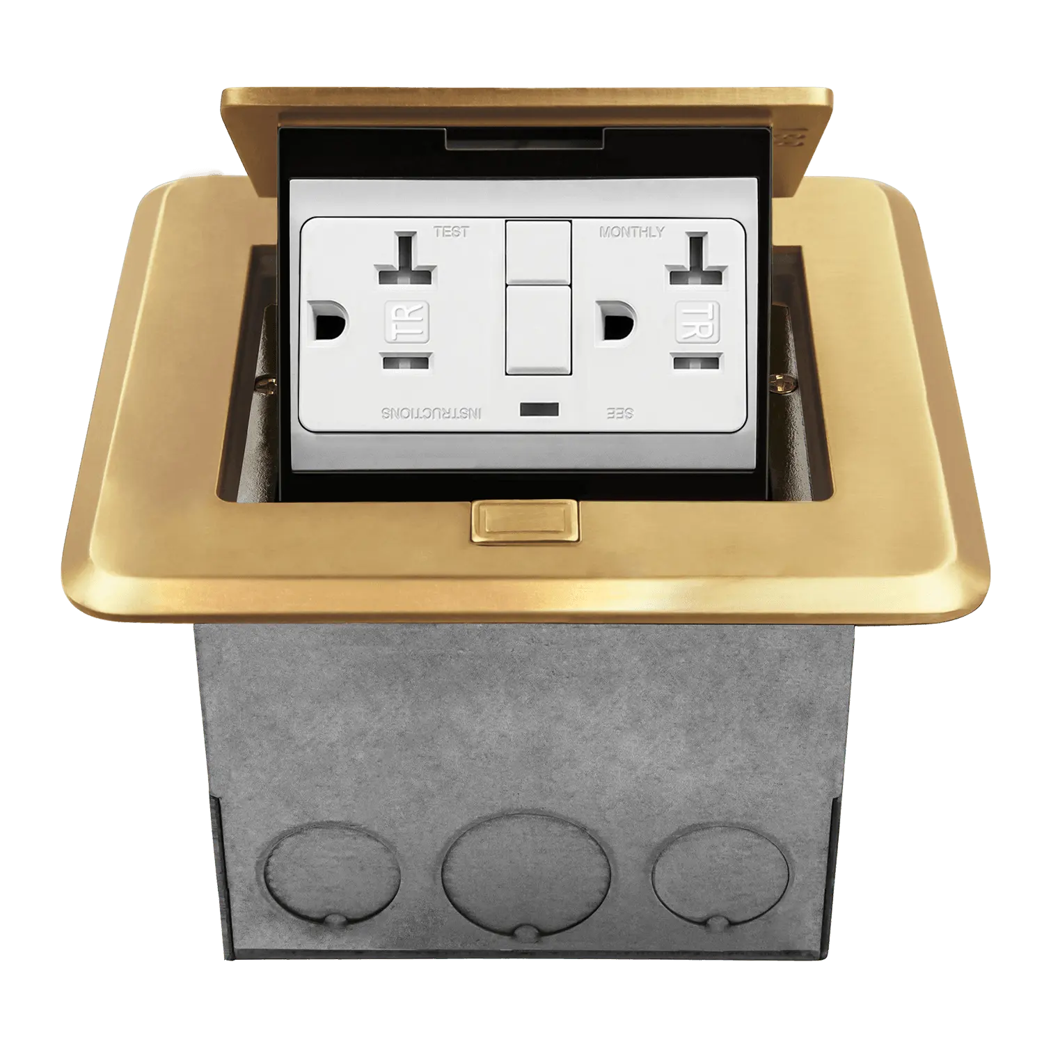 Enerlites Brass Finish Square Floor Socket Kit - Tamper-Proof 20A GFCI Recessed Outlet, UL Listed E478554, Model 961248-C-GFCI, Soft Pop-Up Design for Easy Power Access to Floor Sockets, Recessed Outlet Sockets