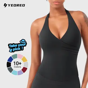 YEOREO Womens Halter Tank Tops Workout Impact Longline Strappy Top Padded Deep V Neck Wrap Gym Backless Bra Camisole
