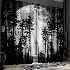 Gothic Forest Curtain Set (2 Pieces), Trees and Starry Mist Design, Semi-Transparent Polyester, Rod Pocket Hanging