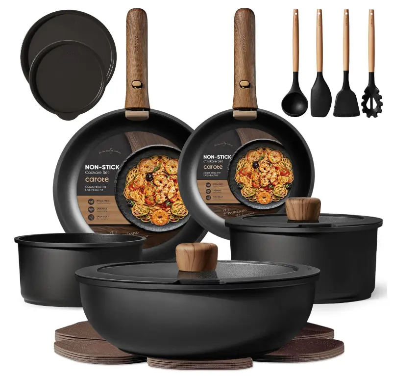 CAROTE 19pcs Pots and Pans Non Stick, Cookware Sets Detachable Handle, Induction Kitchen Pots and Pans,NonStick Cooking Set, Oven/Dishwasher/Fridge Safe, Space Saving