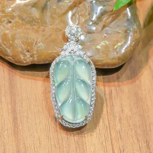 Natural Jadeite Leaf Pendant Blue Water Jadeite Jewelry A Grade