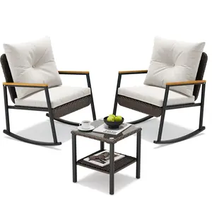 3 Piece Patio Bistro Set with Thick Cushions and 2-Tier Glass Coffee Table White,summervibes
