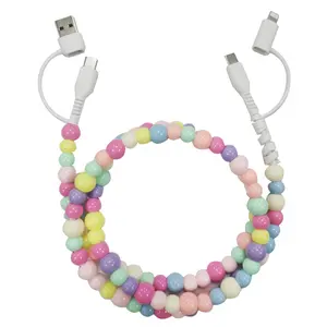 Two-in-two colorful bead data cable, four-in-one C-C dual-color pearl fast charging cable, mixed color 4-in-1 beaded cable gift 1m