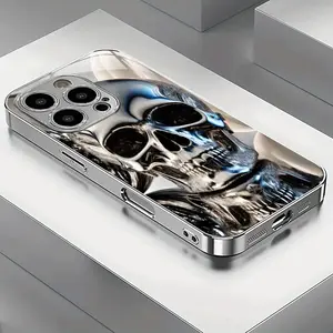 Minimalist Silver Electroplated Metal Skull Cellphone Case - Protective Accessory for Handheld Devices, Compatible with iPhone 11,12,13,14,15,16,17 Plus Pro Max, W/ Tempered Glass Screen Protector