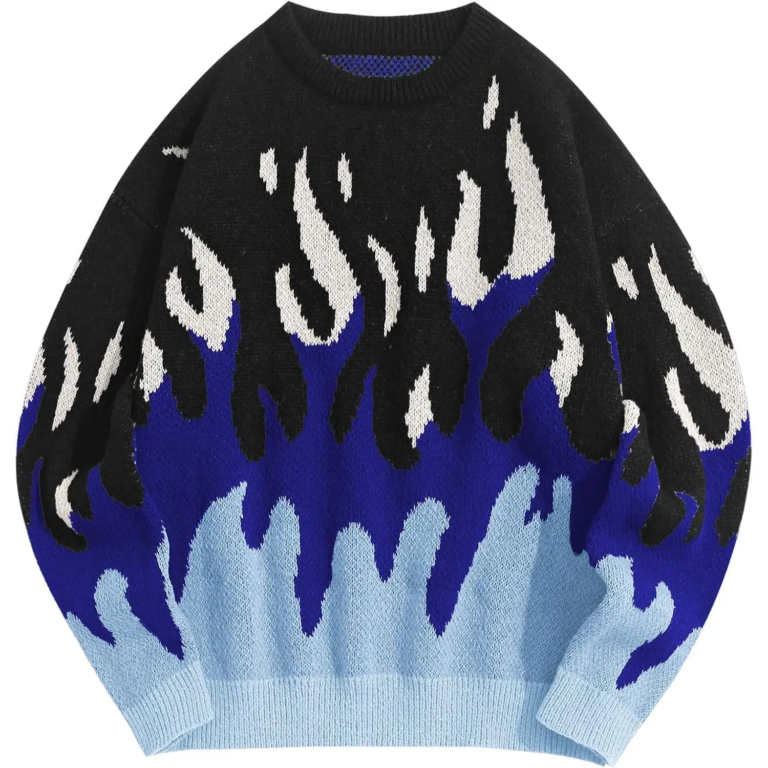 ZAFUL Men's Oversized Sweater Y2K Aesthetic Flame Graphic Crewneck Knit Pullover Unisex Casual Sweaters