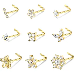 FUNRUN 9Pcs Nose Rings Studs with CZ Snowflake Star Top Surgical Steel L-Shaped Triple Linear Gem Ball Round Diamond Cork Skew Nose Piercing Jewelry
