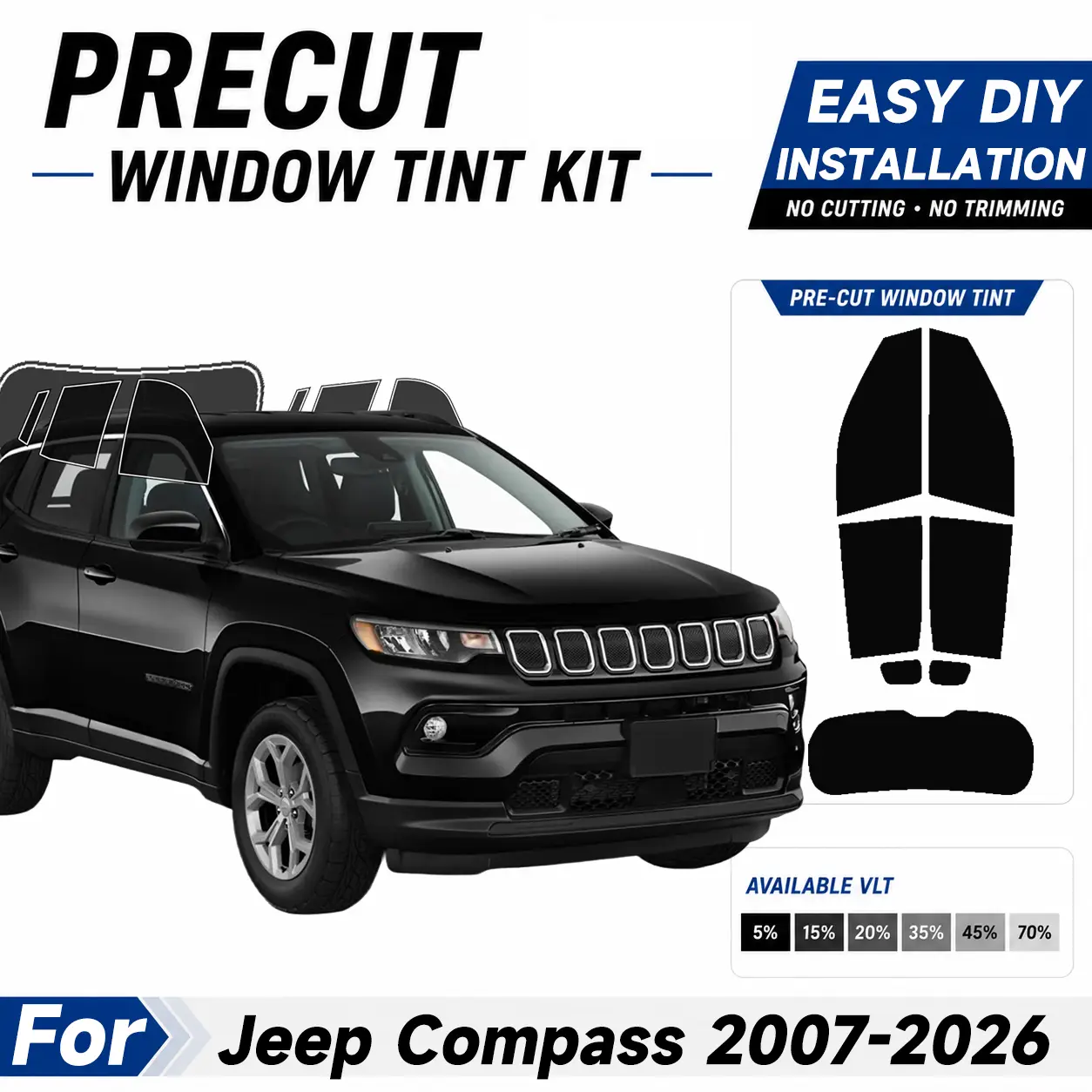 Automotive Custom Size Pre-cut Window Tint - Easy to Apply Installation Pre Cut Tint Kit, Sun protection UV Protection & Car For Jeep Compass 2007-2026