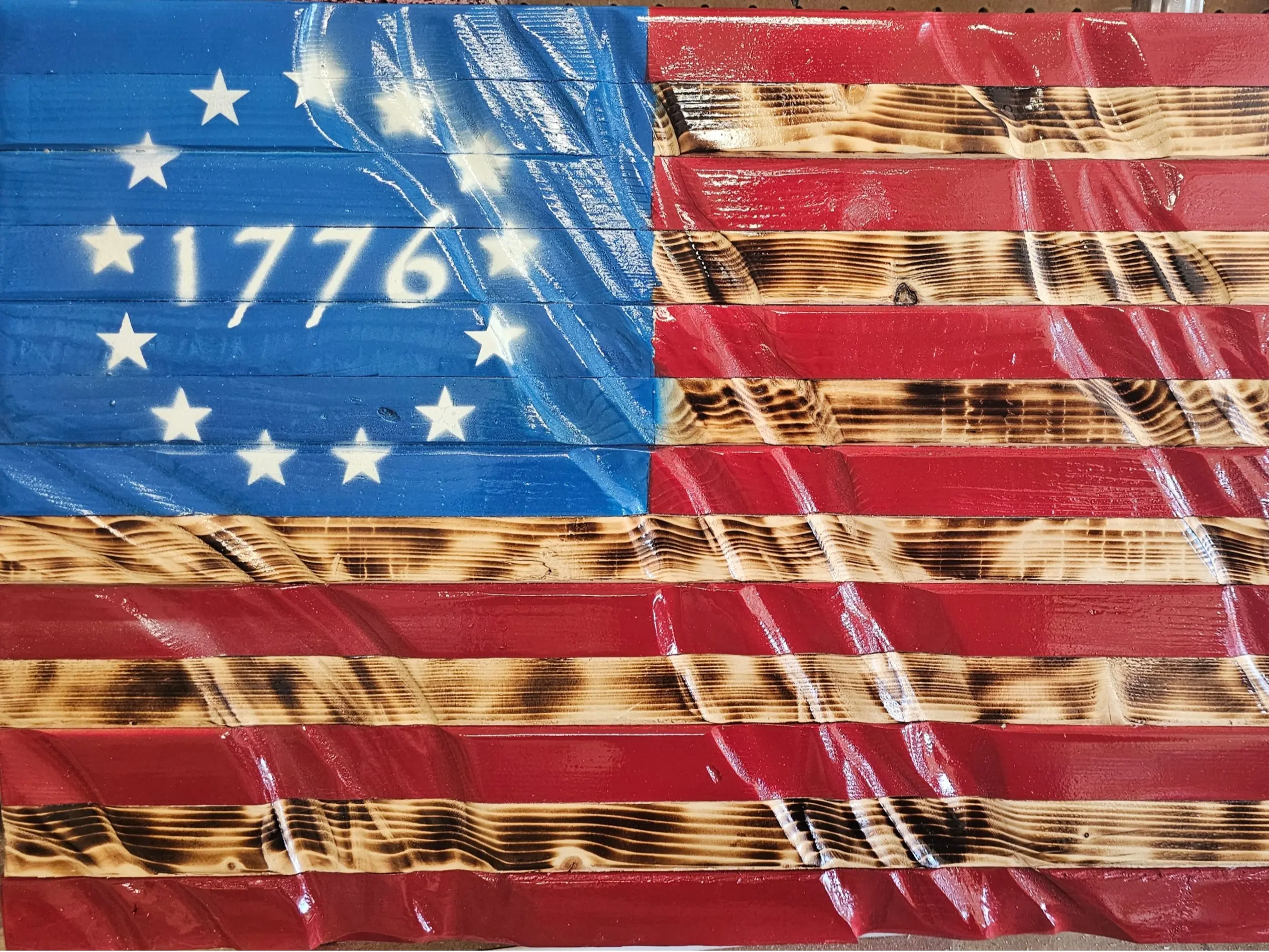 Hand Carved 1776 Wooden waving flag