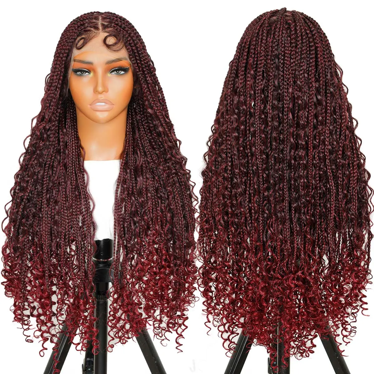 Supernova #1B/Burgundy Color 36" Triangle Full Lace Water Wavy Curls Ends Synthetic Box Braided Wig #SummerVibes