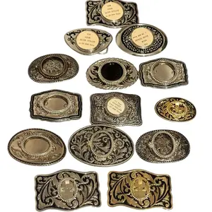 New vintage Western belt buckle with customizable add your own stone or coin in silver tone or gold with black