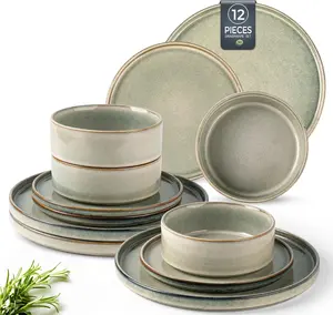Ceramic Dinnerware Sets,  Reactive  Stoneware Plates and Bowls Sets,Highly Chip and Crack Resistant | Dishwasher & Microwave Safe Dishes Set, Service for 4 (12pc)
