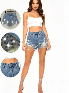Y2K Ripped Glitter Jeans Shorts, Shiny DIY Handmade Rhinestone Fringe Denim Shorts, Trendy Fashion Accessories for Women