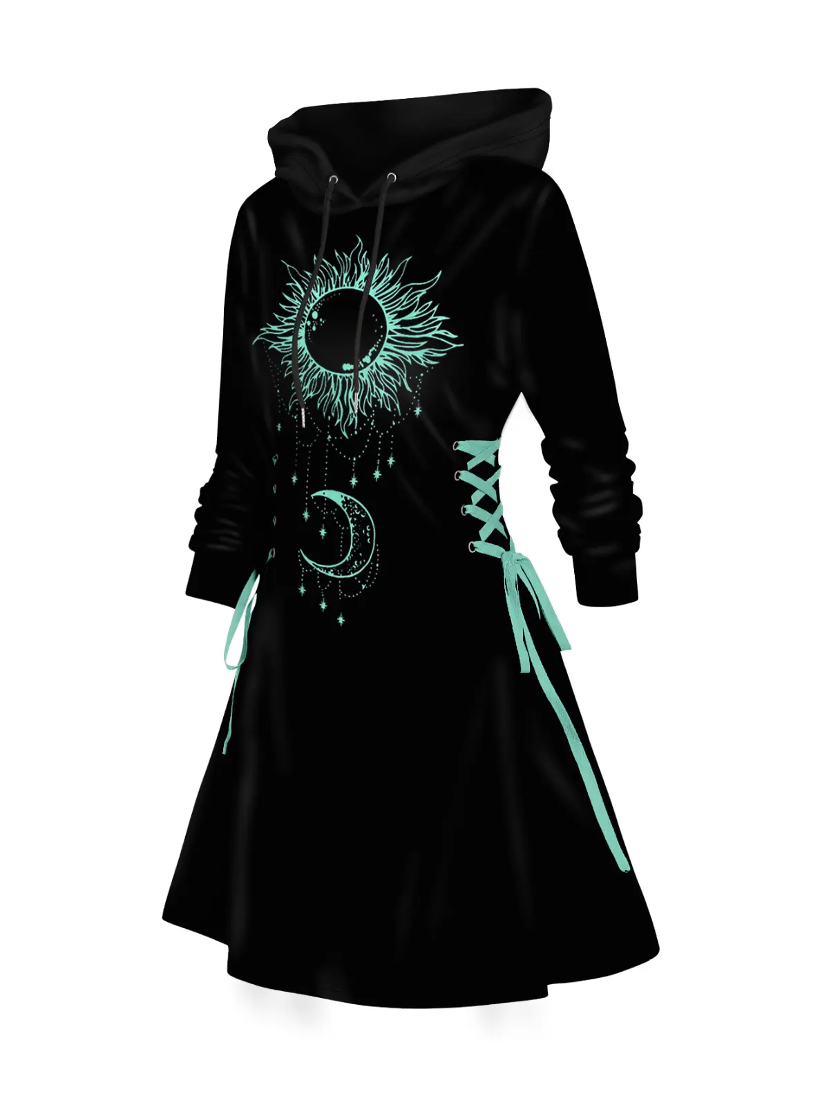 Women's Hoodie Dresses Contrast Sun Moon Print Hooded Dress Lace Up Mini Dress Long Sleeve Fall Winter Dress