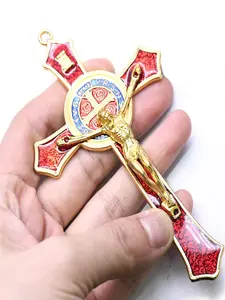 Saint Benedict Benedictine Red Enamel 4.7X2.7 Inch Protection Religious Wall Crucifix Cross Catholic San Benito Medalla Prayer Decoration Hanging Cross Ornament Cross Decorations