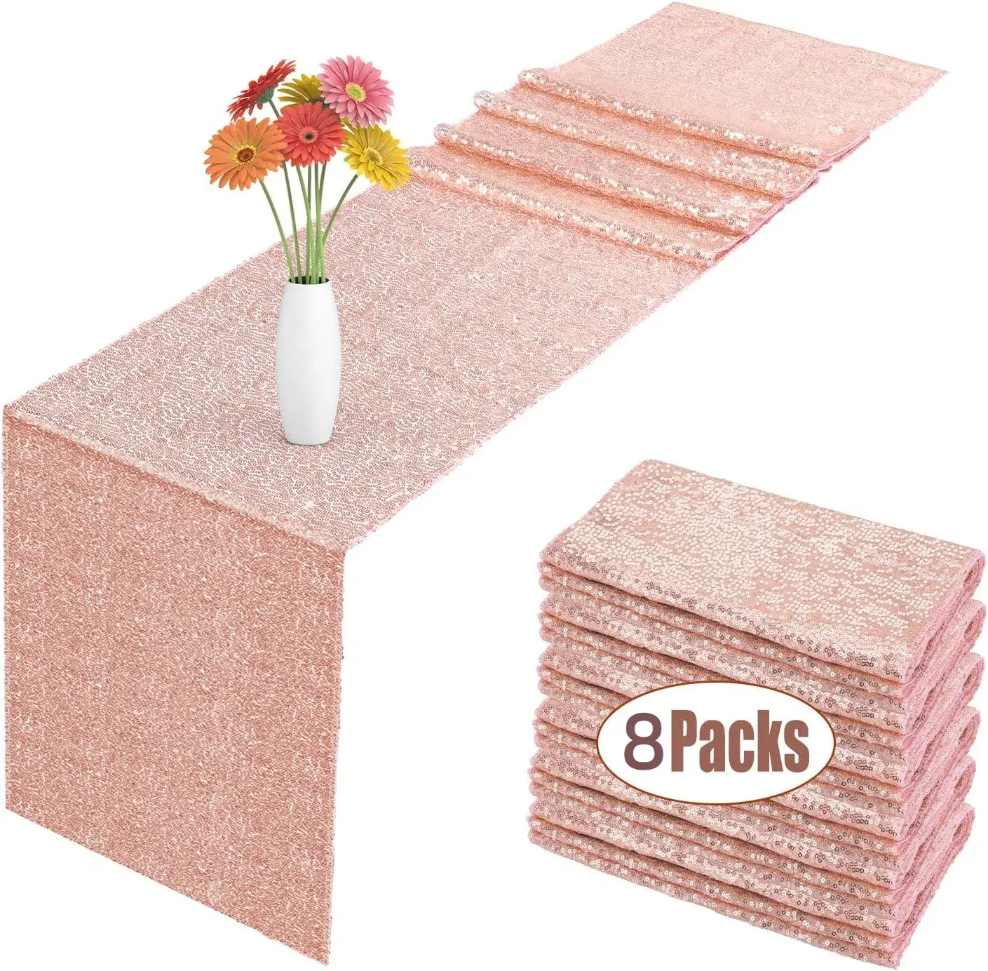8Pcs High-Density Sequins Decorative Table Runners - 12x72 Inches Rose Gold Glam Mesh-Backed Rectangle, for Birthday, Holiday, Housewarming Home & Festive Party Supplies