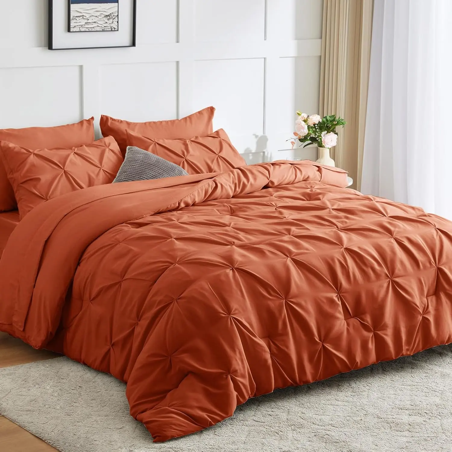 Burnt Orange Comforter Queen a Bag 7 Pintuck Comforters Queen Size Terracotta Pinch Pleat Sets with Comforter, Flat Sheet, Sheet and Pillowcases  Shams
