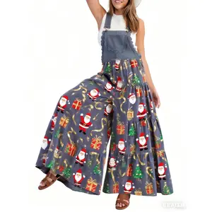 Women Christmas Jumpsuits Sleeveless Lace Patchwork Christmas Themed Print Baggy Wide Leg Overalls