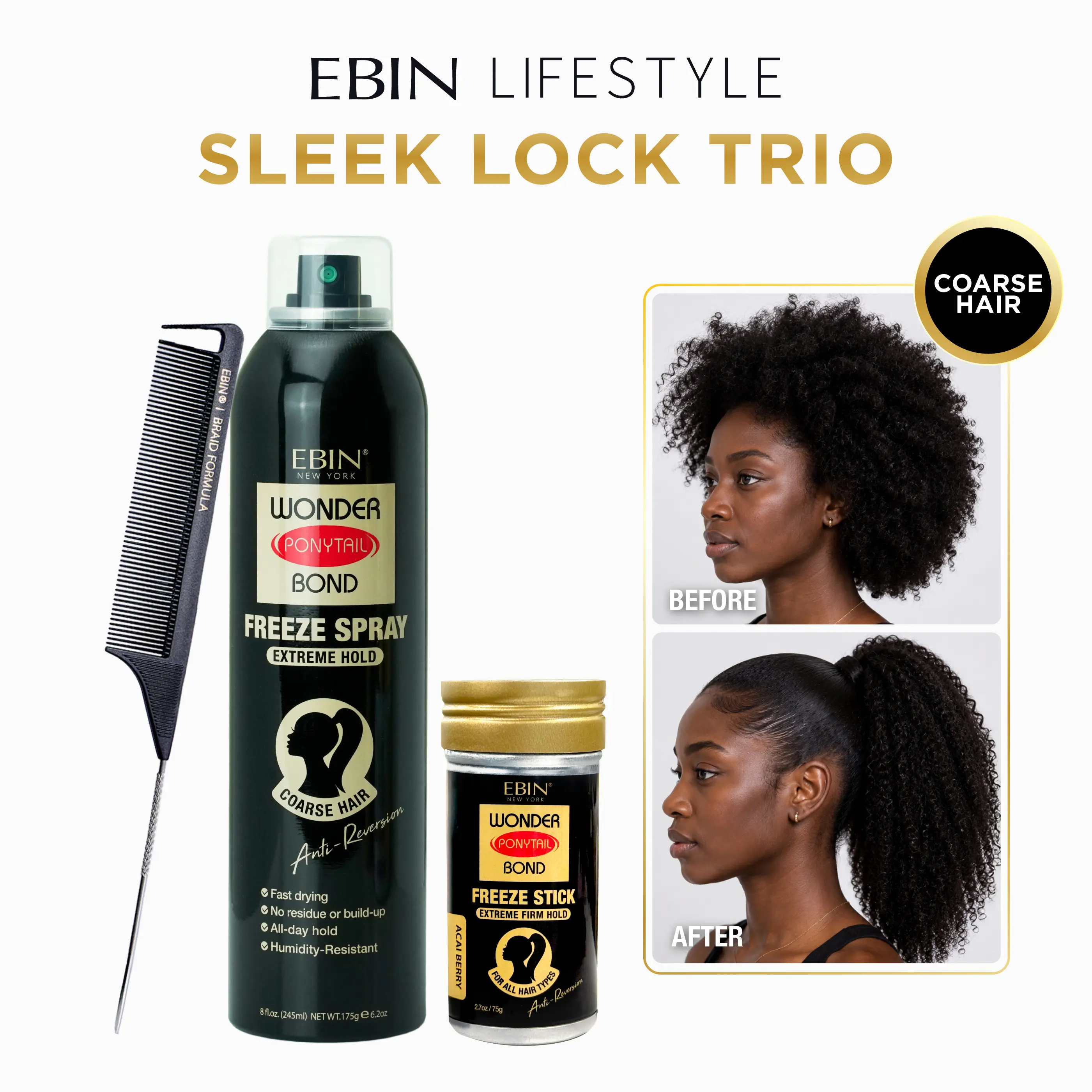 EBIN Wonder Ponytail Bond Sleek Lock Trio Haircare Set (Coarse Hair) - Freeze Spray, Freeze Stick, FREE Styling Brush - Strong Hold Mousse & Gel, Smooth, Flawless Finish, Long-Lasting Control, Extreme Hold Mousse & Gel